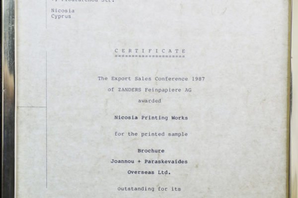 Το Τυπογραφείο, μεταξύ άλλων, βραβεύθηκε για την εκτύπωση μπροσούρας  της Joannou + Paraskevaides Overseas Ltd (1987).